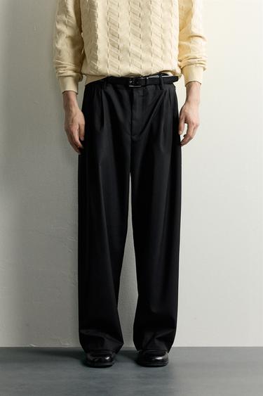 Zara WOOL-BLEND PLEATED TROUSERS - Black