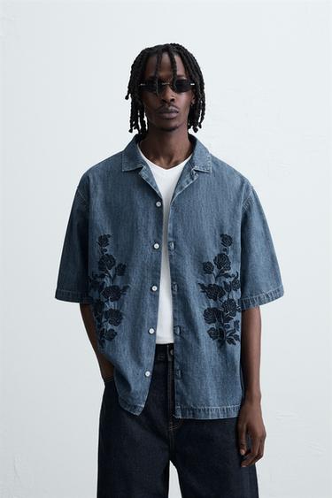 CONTRAST EMBROIDERY DENIM SHIRT - Blue by Zara