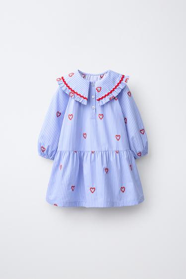VESTIDO RAYAS BORDADO CORAZONES - Azul de Zara - Imagen 0