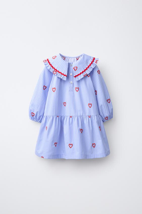 VESTIDO RAYAS BORDADO CORAZONES - Azul de Zara - Imagen 0