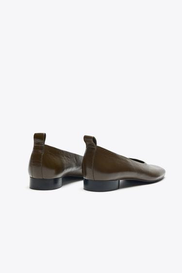 LOW-HEEL LEATHER BALLERINAS - Khaki Green by Zara - Image 3