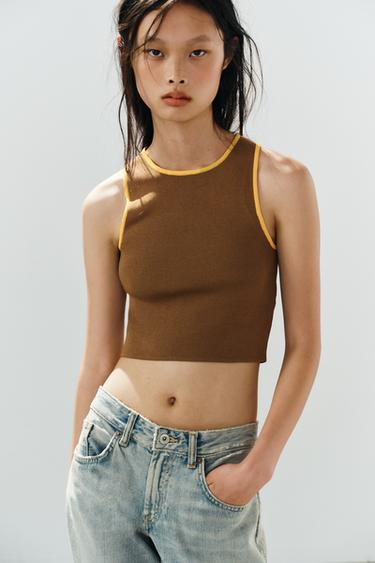 CONTRAST PIPED KNIT CROP TOP - Light beige by Zara
