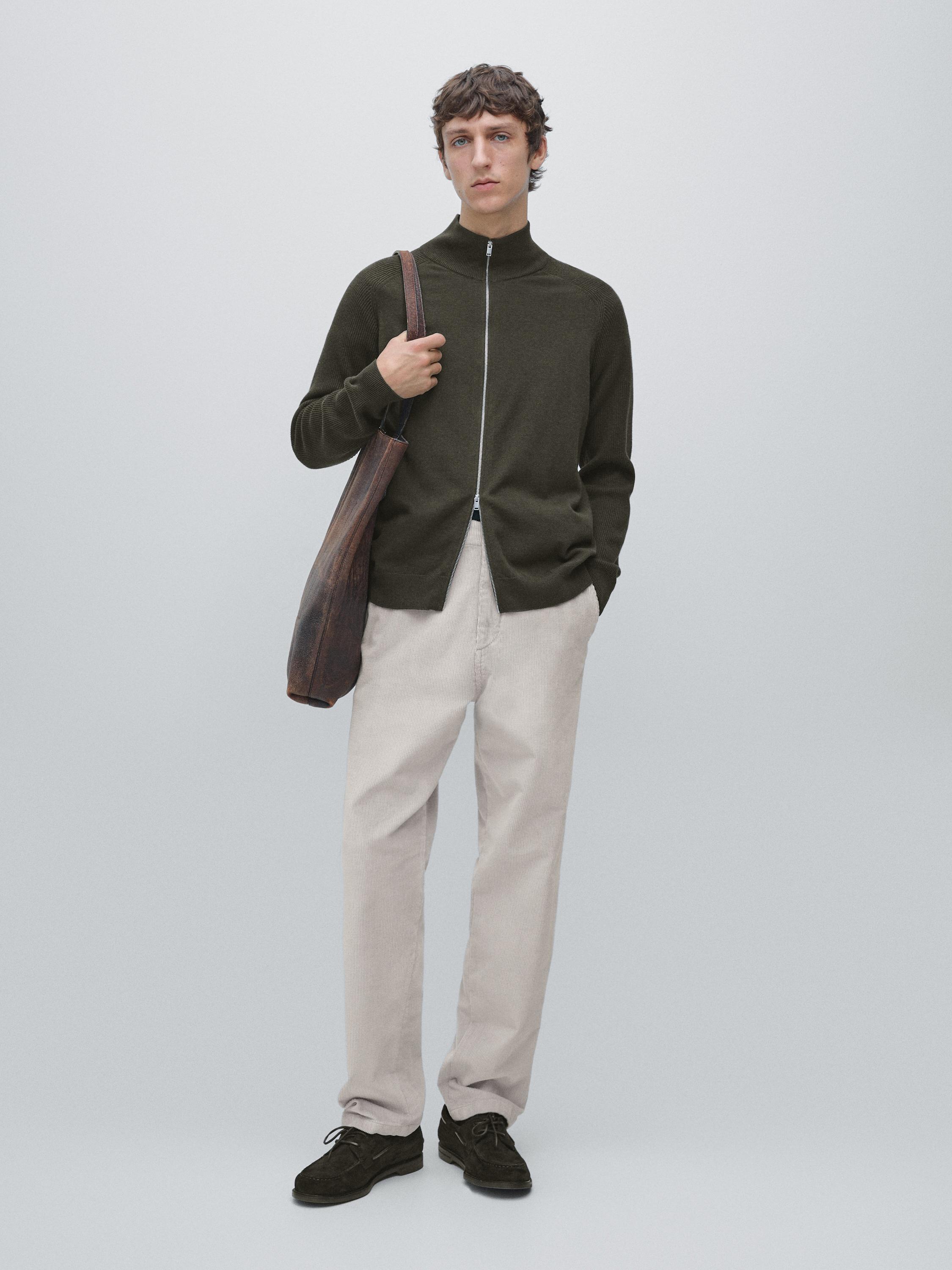 Knit cotton blend cardigan with raglan sleeves — KHAKI