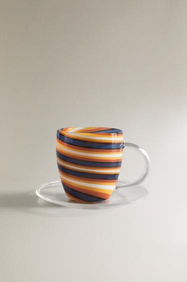 Zara BOROSILICATE GLASS MUG AND SAUCER WITH SPIRAL DETAIL - Orange - Image 0