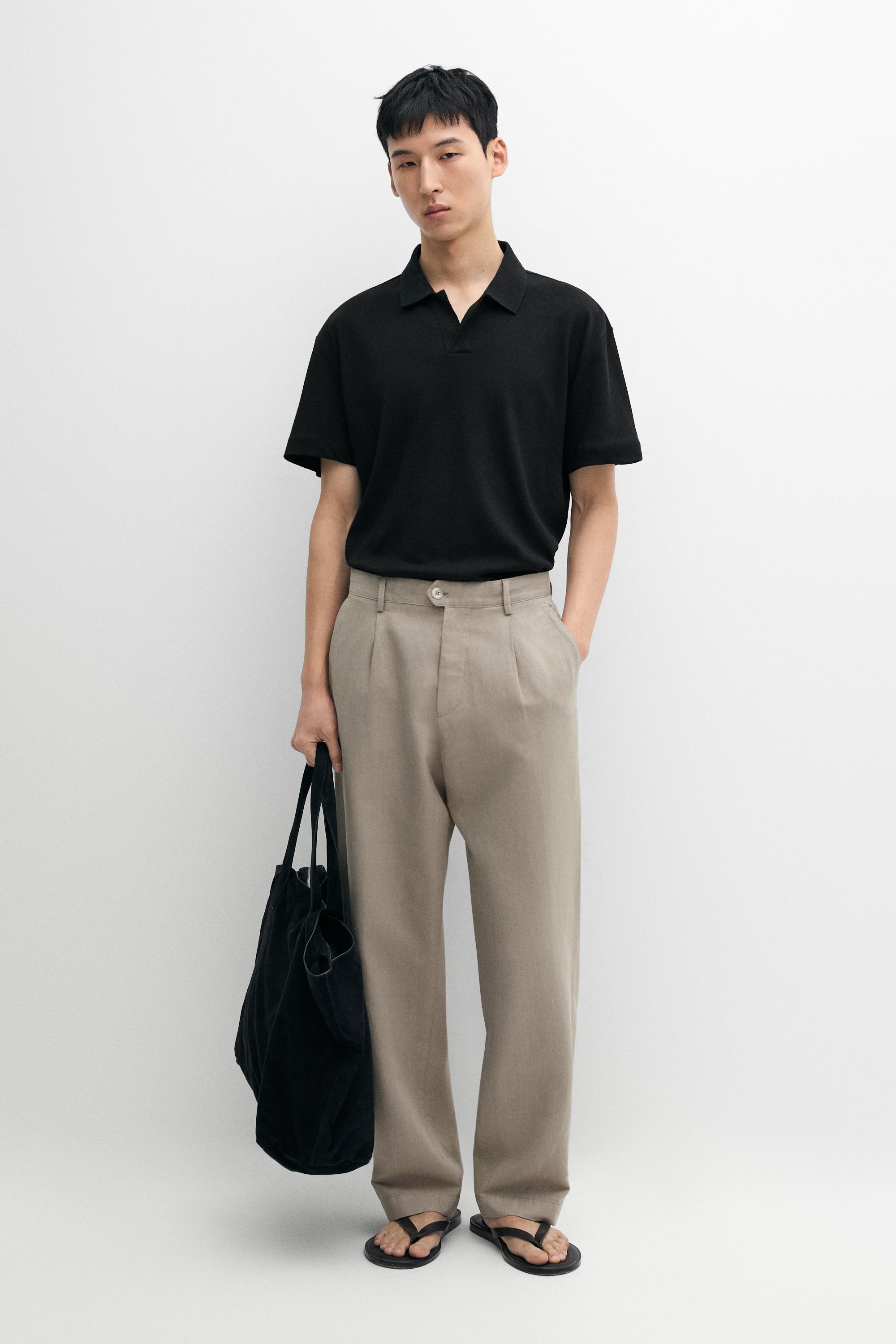 Short sleeve linen cotton polo shirt — Black