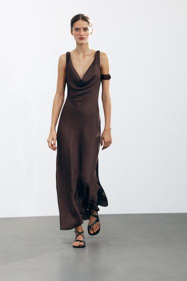 ZW COLLECTION LONG SATIN DRESS - Brown by Zara