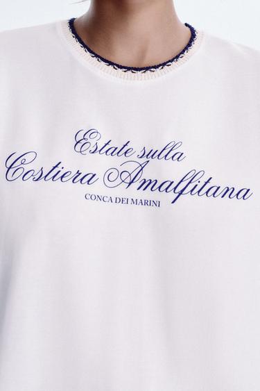 CHUNKY KNIT COLLAR SLOGAN T-SHIRT - Blue/White by Zara