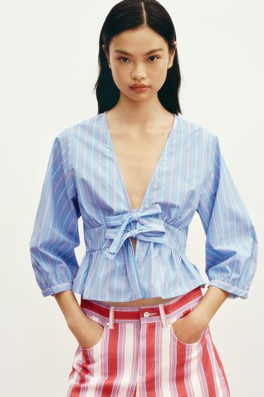 Zara 綁帶設計條紋襯衫 - 藍色 / 白色