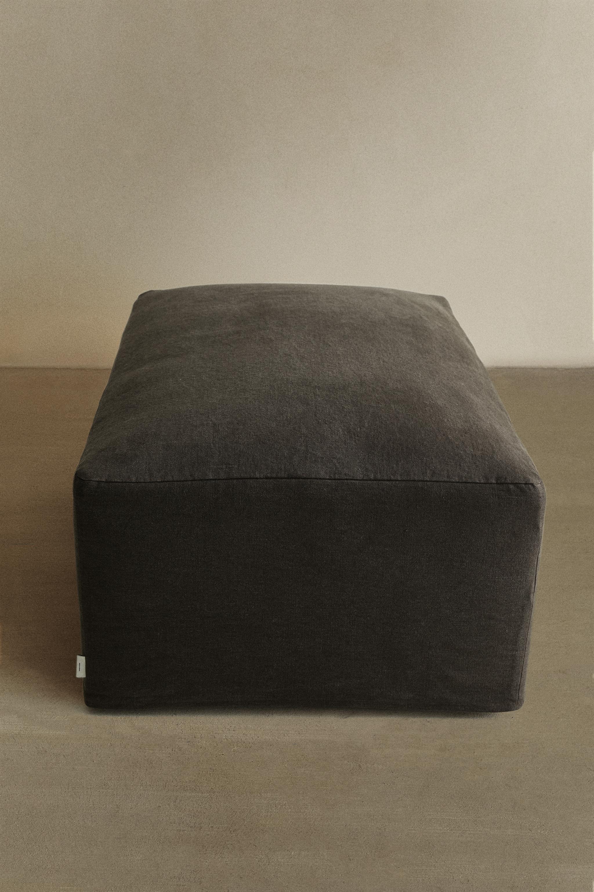 REMOVABLE WASHED LINEN OTTOMAN — Dark gray