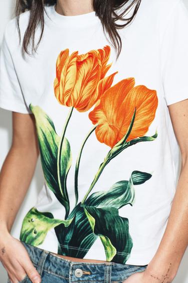 T-SHIRT À IMPRIMÉ FLEURI - Blanc de Zara - Image 2