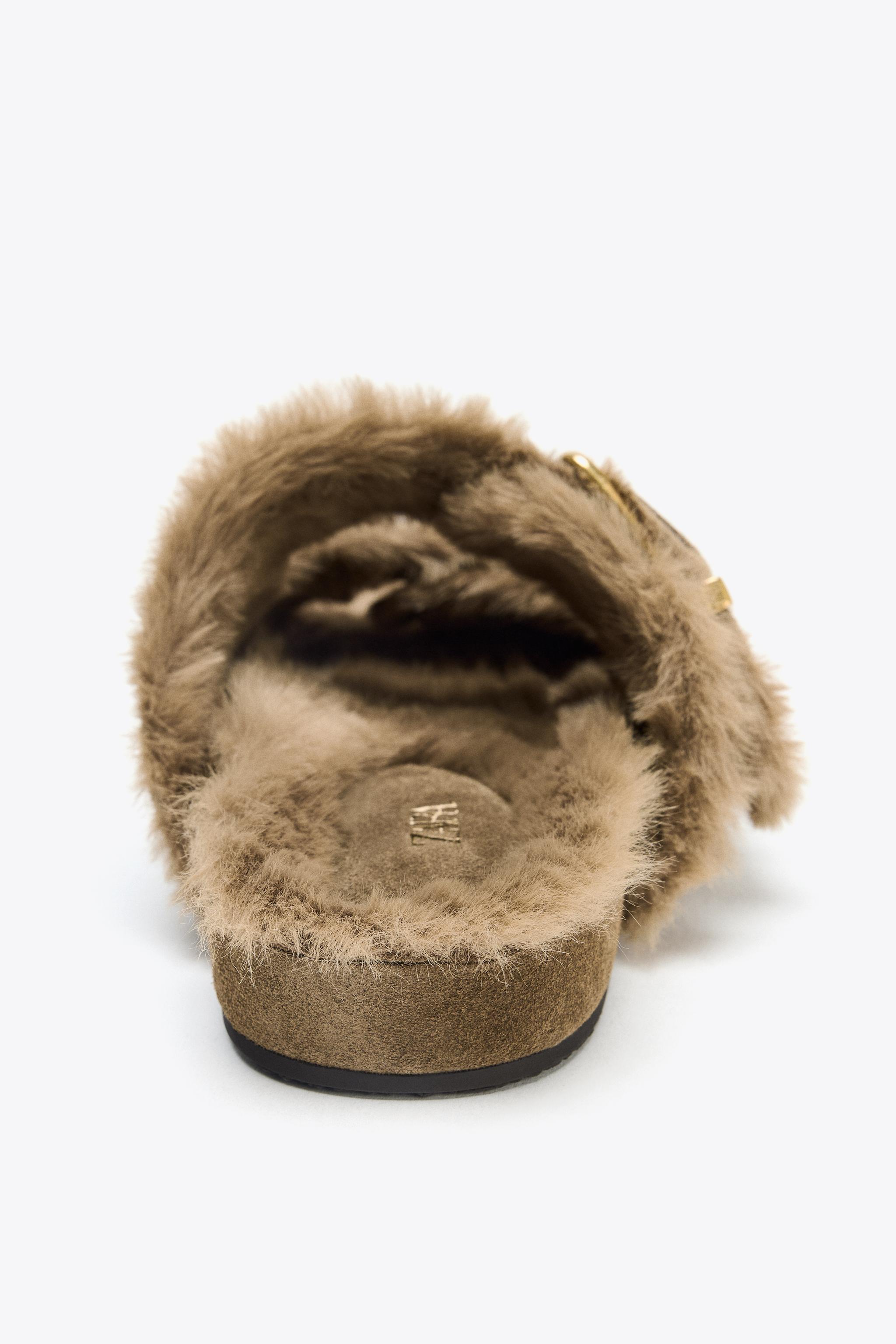 FAUX FUR FLAT BUCKLE SANDALS - Taupe Gray | ZARA United States