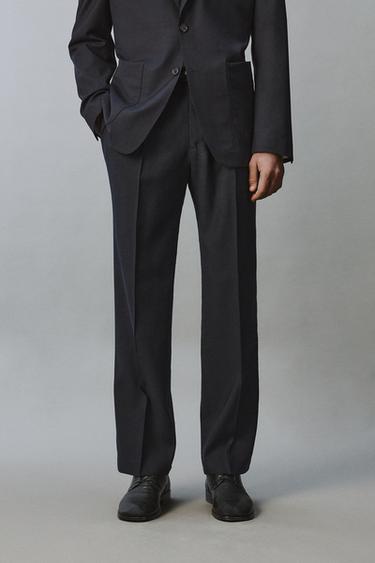 Zara 100% WOOL RELAXED FIT PLEATED PANTS - Navy blue