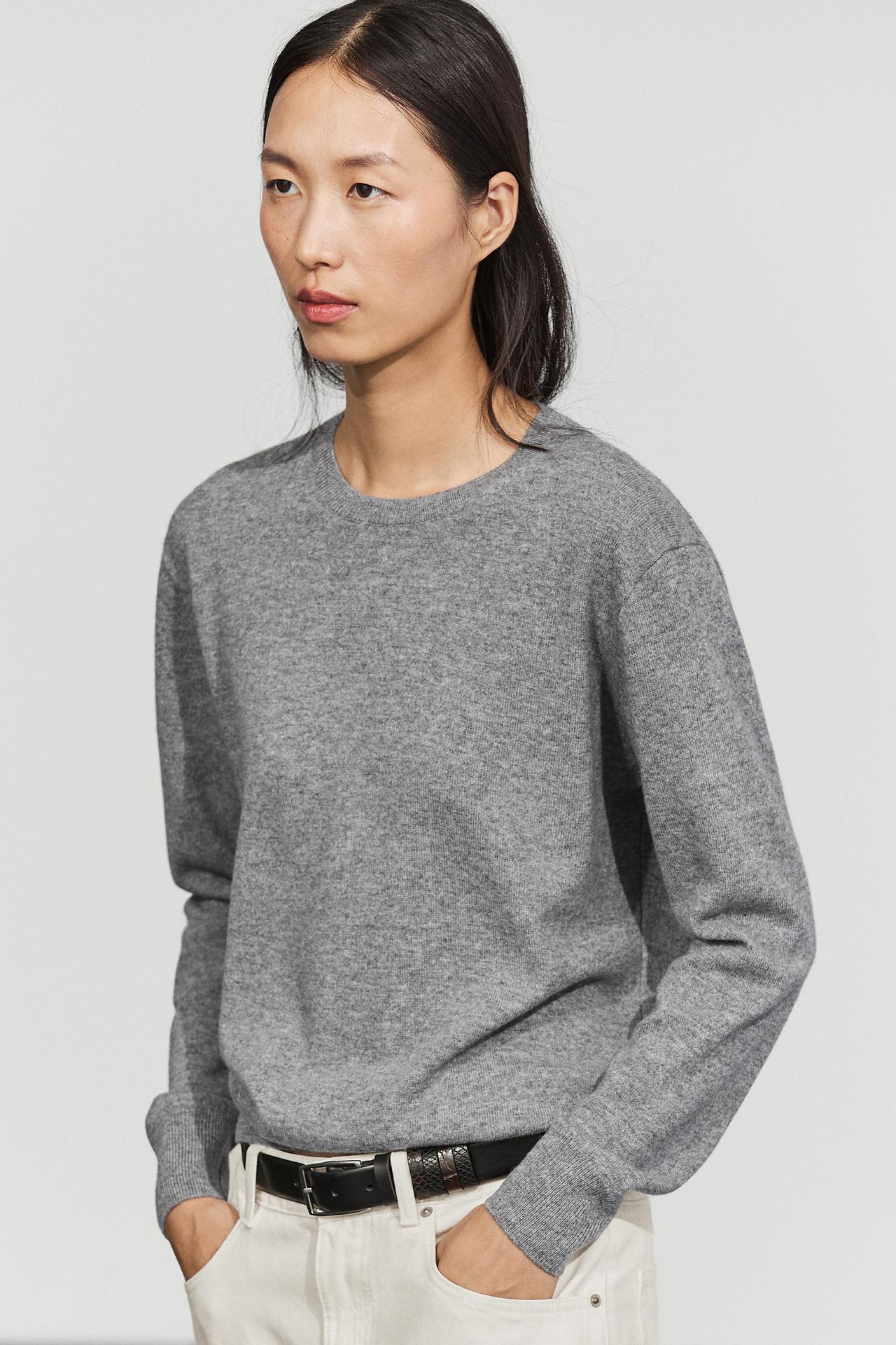 Wool blend crew neck knit sweater — Gray marl