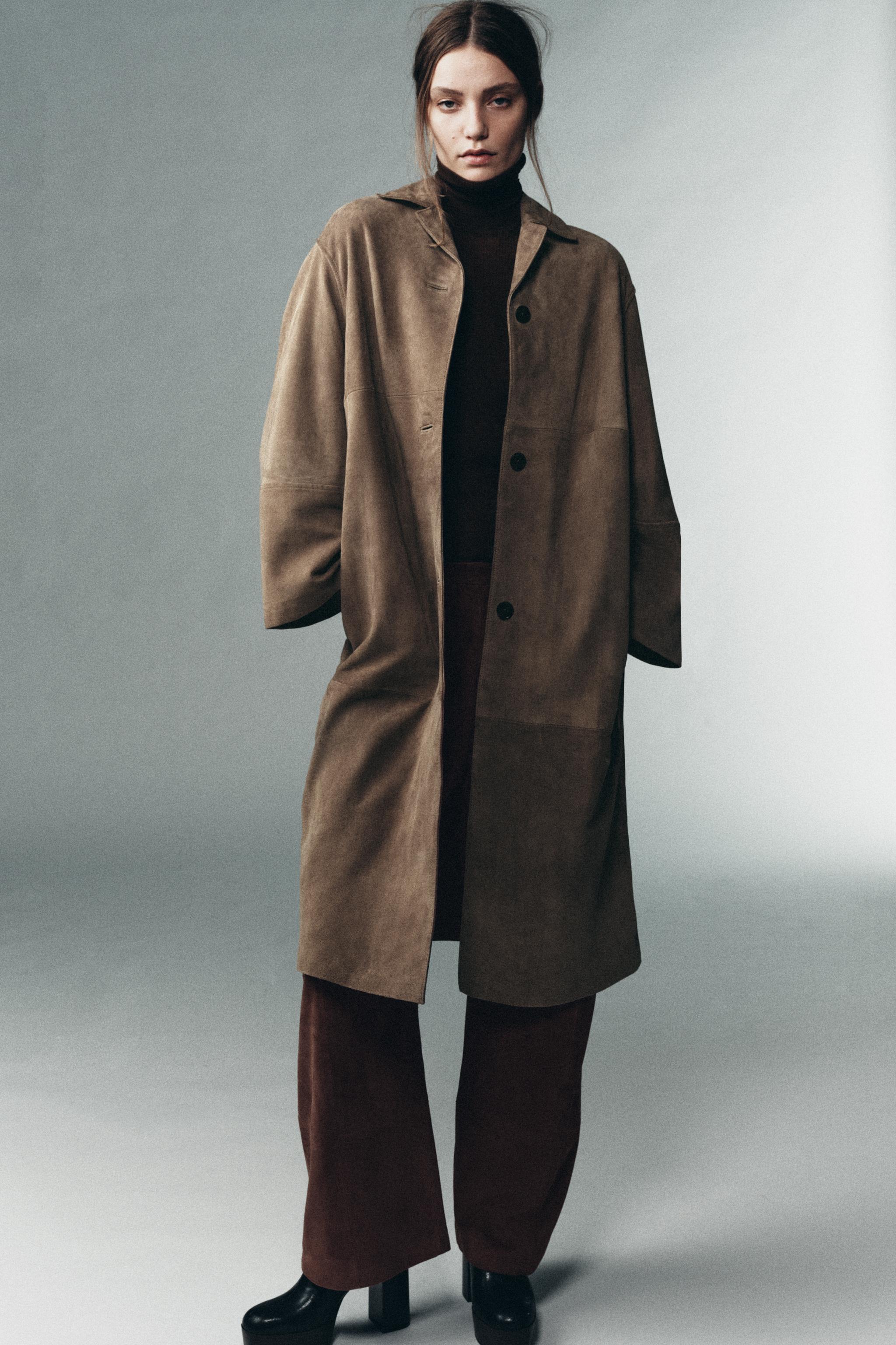 24AW レザーカラーコート ZARA LIMITED EDITION 襟レザー レディースブラウンレザーコート | ZARA 日本