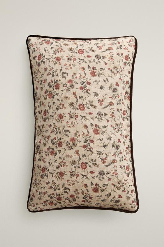 HOUSSE DE COUSSIN LIN ET COTON FLEURS PASSEPOIL - Marron de Zara - Image 0
