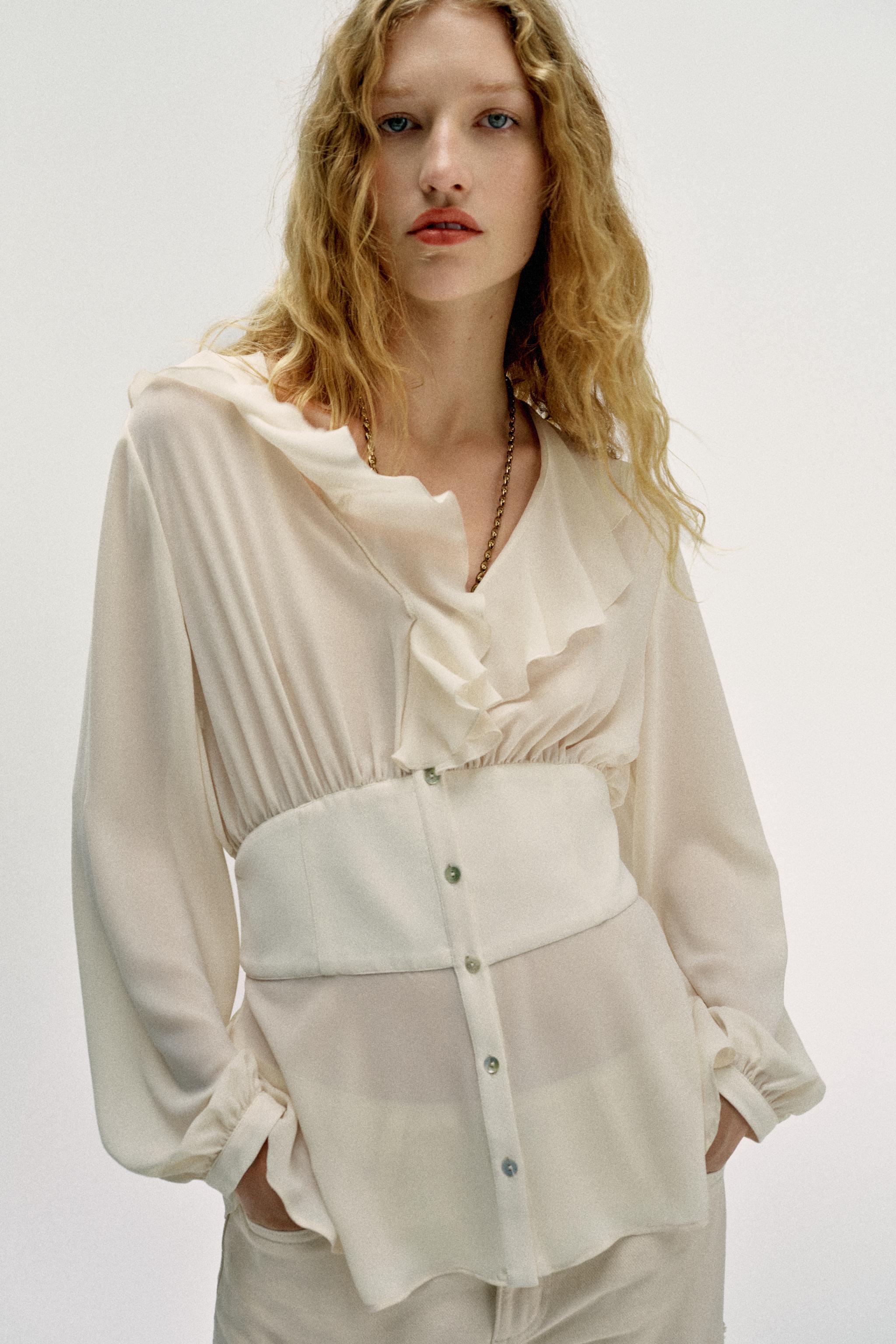 Женские рубашки Zara RUFFLED FITTED-WAIST SHIRT — фото 3