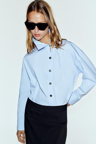 Zara POPLIN STAND COLLAR SHIRT - Light blue