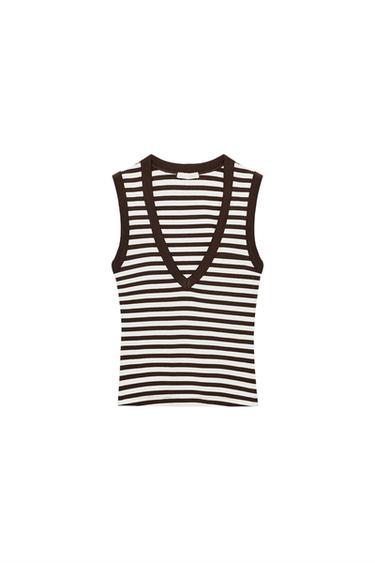 CAMISETA ALGODÓN  ESCOTE PICO RAYAS - Rayas marrones de Zara