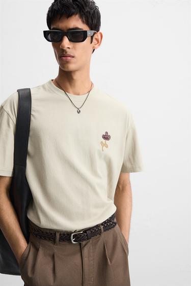 CONTRAST EMBROIDERY T-SHIRT - Greyish by Zara - Image 4