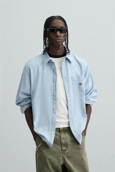 Zara EMBROIDERED DENIM SHIRT - Light blue