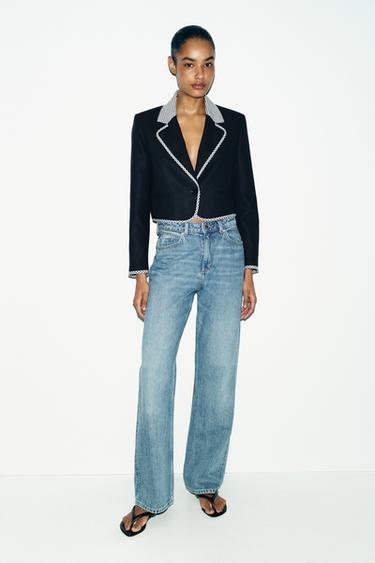 SHORT COMBINED GINGHAM BLAZER - Navy blue by Zara