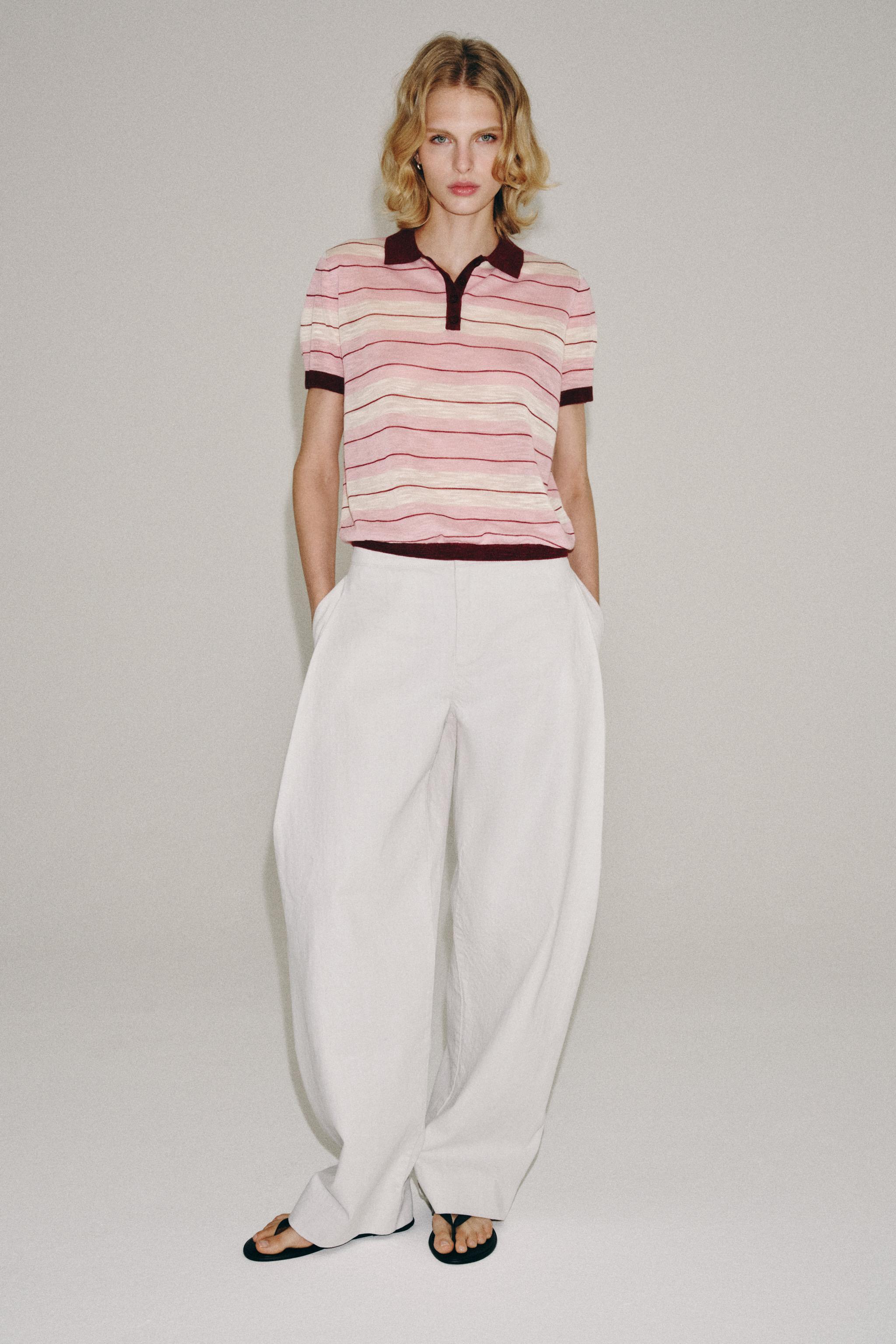 STRIPED KNIT POLO — Pink / White