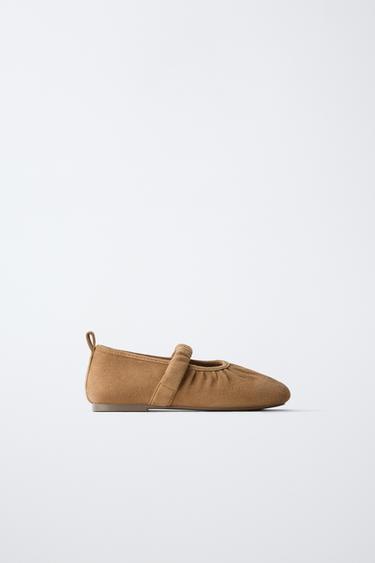 Zara LEATHER RUCHED BALLET FLATS - Brown