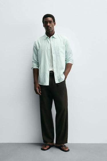 LINEN/COTTON SHIRT - Green stripe by Zara