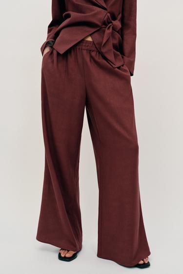 LINEN BLEND WIDE-LEG TROUSERS - Rust by Zara