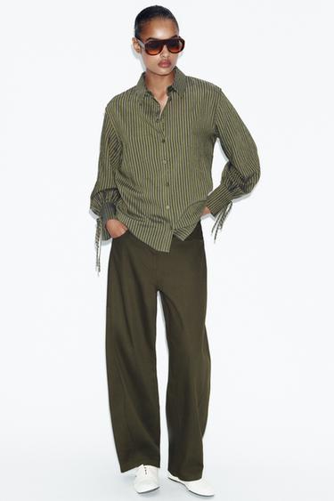 STRIPED SHIRT WITH BOWS - Dark khaki by Zara