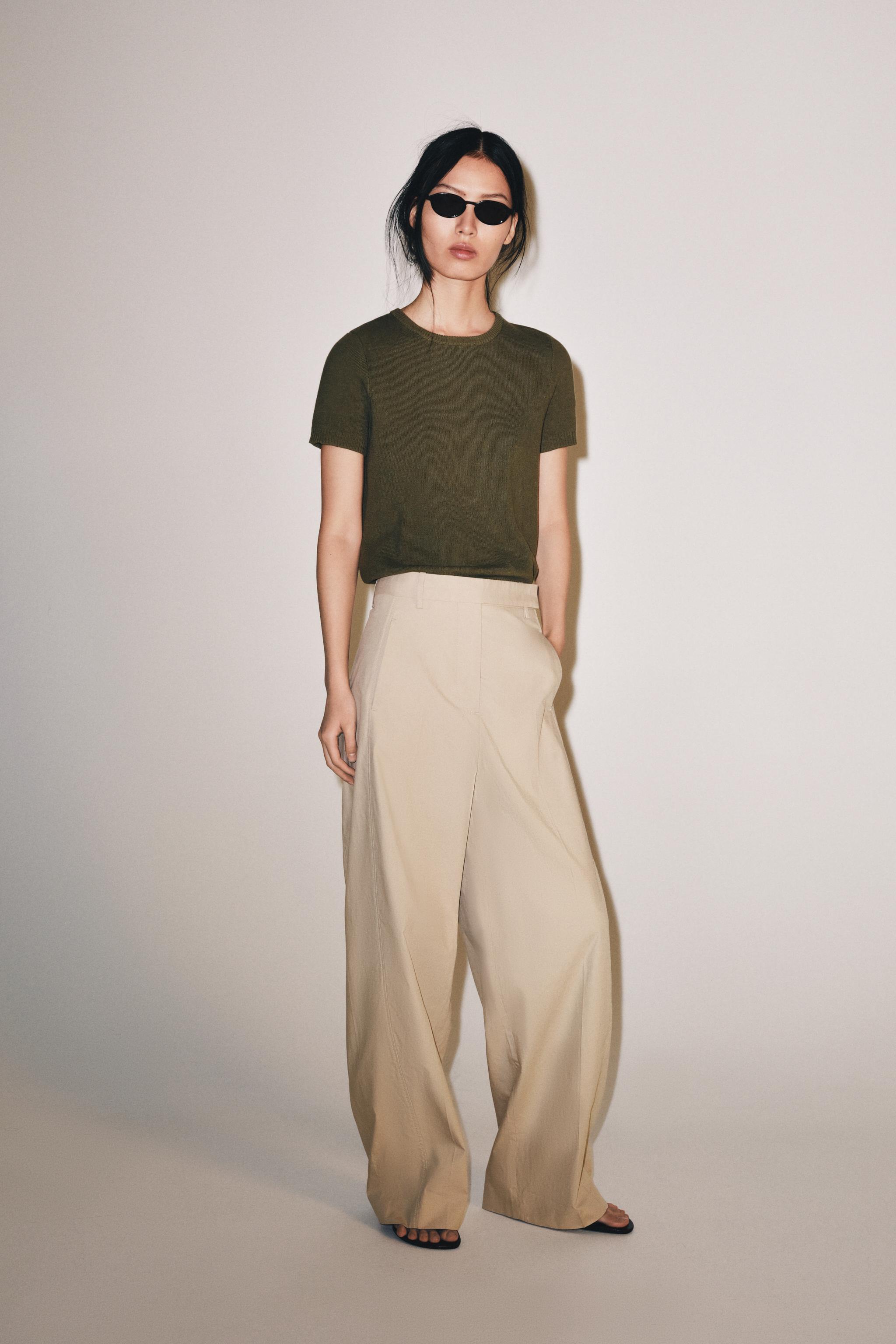 SHORT SLEEVE KNIT TOP — Khaki