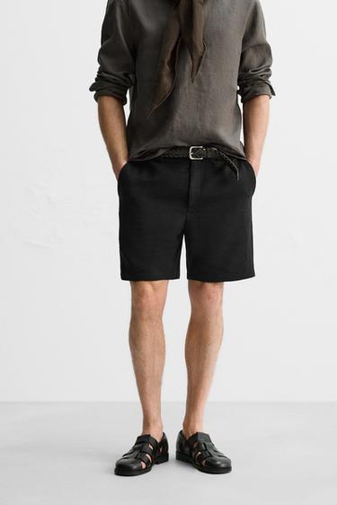 LINEN/COTTON REGULAR FIT BERMUDA SHORTS - Black by Zara