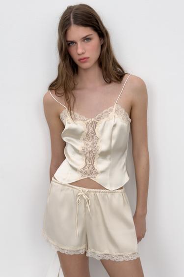 TOP COURT SATINÉ DENTELLE - Bis de Zara