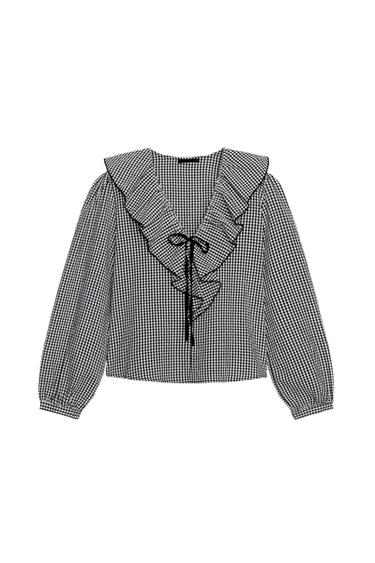 BLUSA COM BABADO E XADREZ VICHY - Preto / Cru da Zara