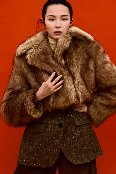 Zara ZW COLLECTION 短版人造皮草夾克 - 米色