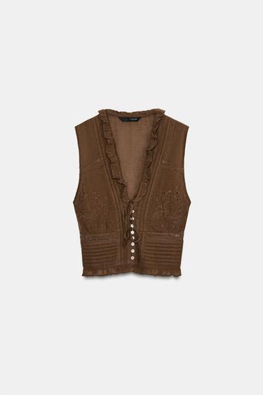 EMBROIDERED GAUZE TOP - Brown by Zara