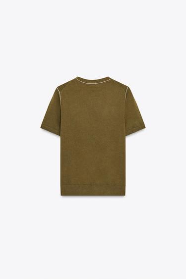 SHORT SLEEVE KNIT TOP WITH PIPED TRIMS - Khaki by Zara - Image 6