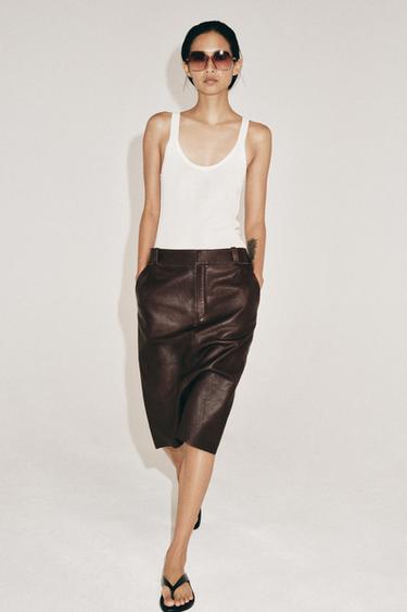 ZW COLLECTION LIMITED EDITION LEATHER MIDI SKIRT - Brown by Zara