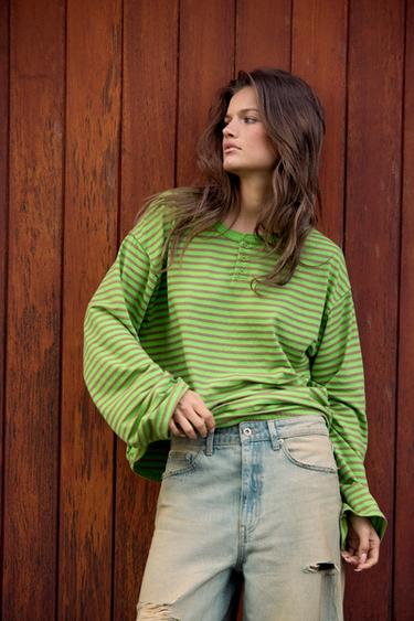 Zara LONG SLEEVE STRIPED T-SHIRT - Green