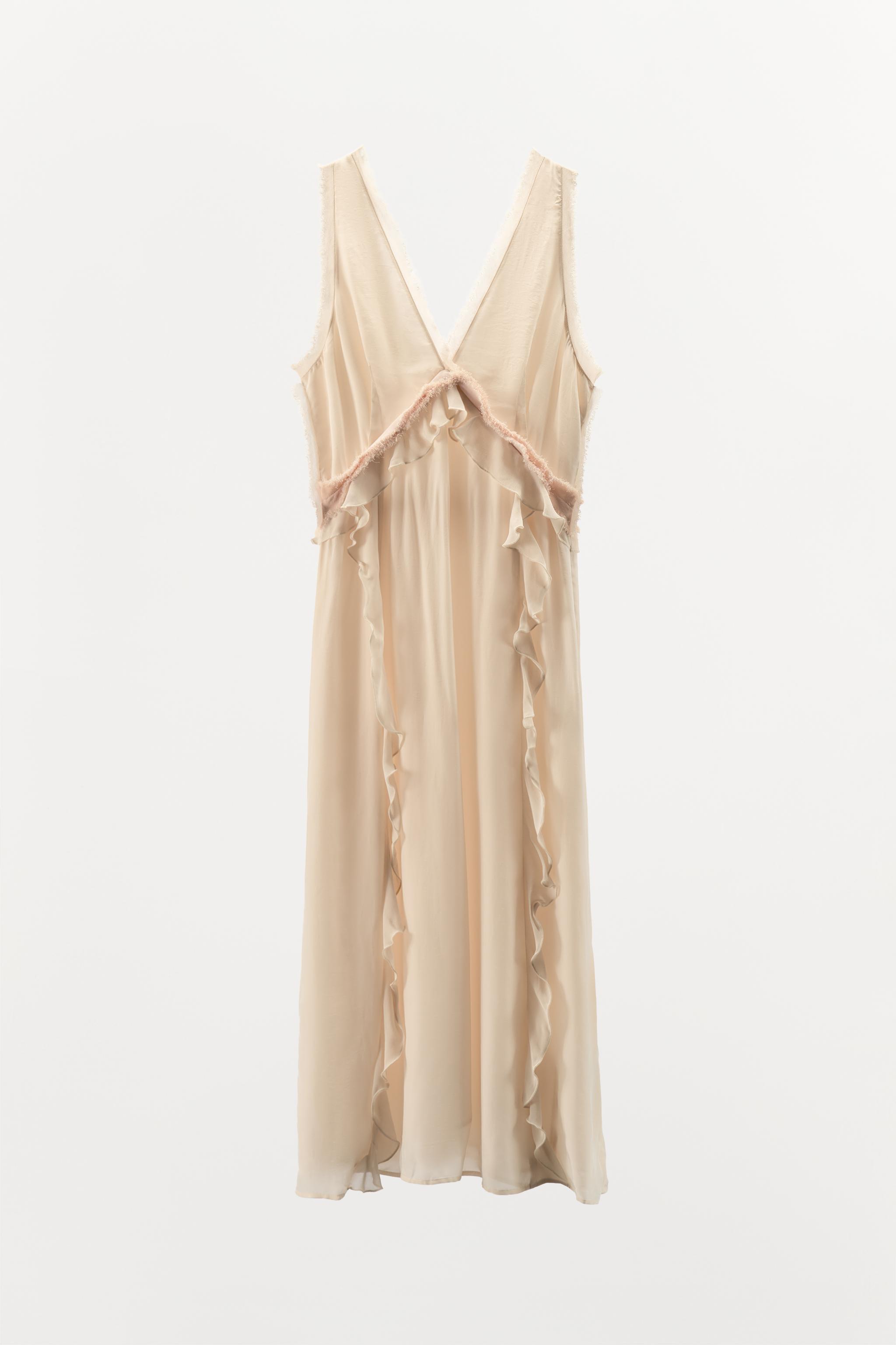 ZARA フリンジフリル付きミディワンピース 5107/502 フリンジフリル付きミディワンピース - ライトベージュ | ZARA