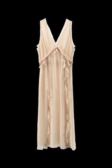 Zara RUFFLED FRAYED MIDI DRESS - Light beige - Image 0