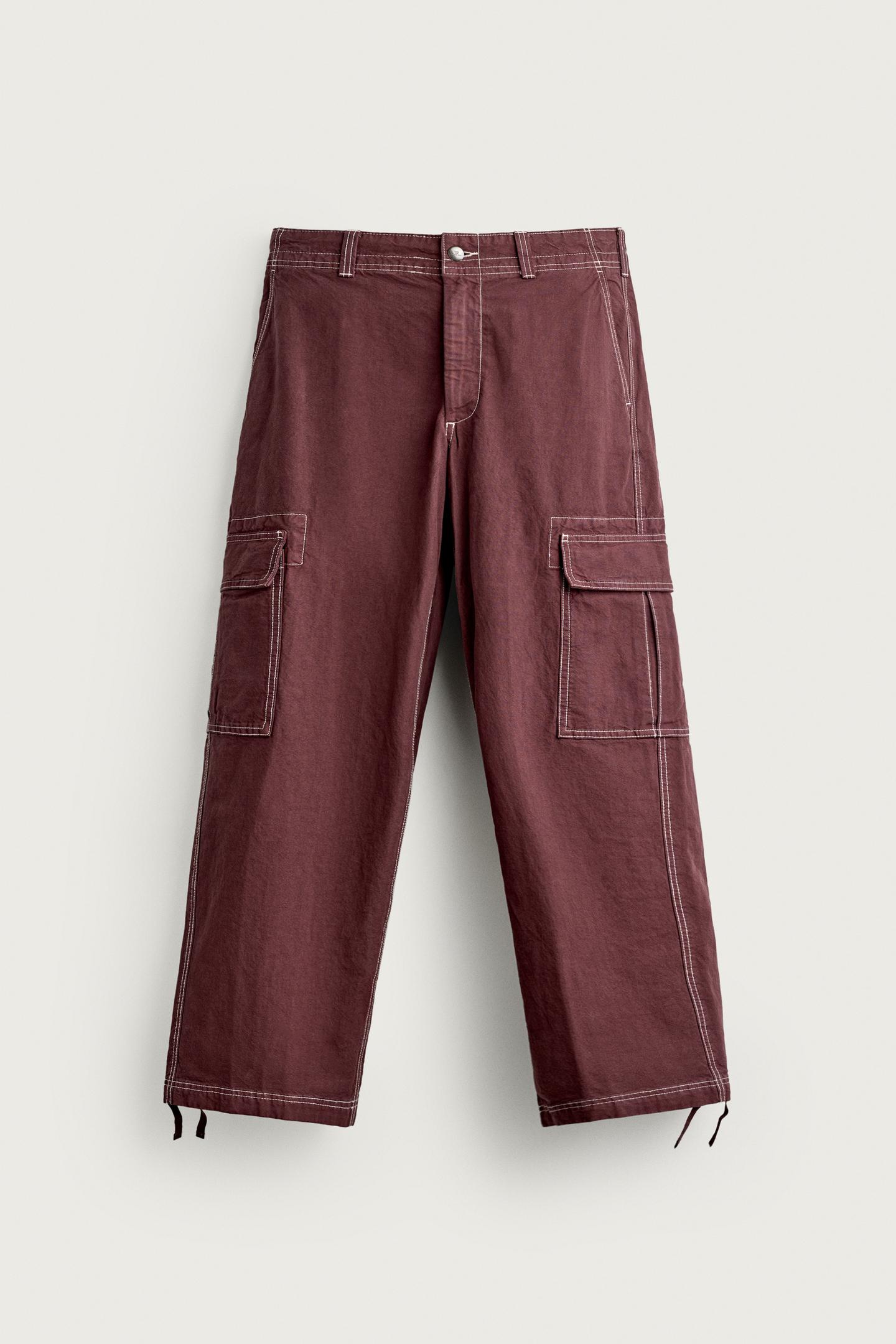 Мужские брюки Zara Relaxed-Fit Cargo Pants with Contrast Stitching, цвет: Бордовый — фото 6