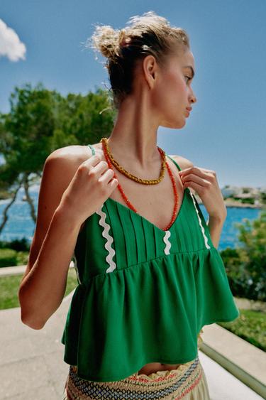 Zara LINEN STRAP TOP - Green