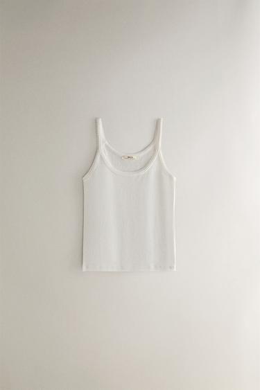 Zara LACE-TRIMMED STRAPPY TOP - Oyster-white - Image 0
