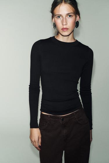 Zara LONG SLEEVE RIBBED T-SHIRT - Charcoal gray