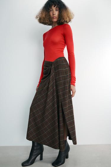 ZW COLLECTION DRAPED CHECK SKIRT - Brown by Zara