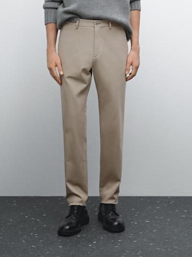 Zara Cotton blend textured slim fit trousers - Mink