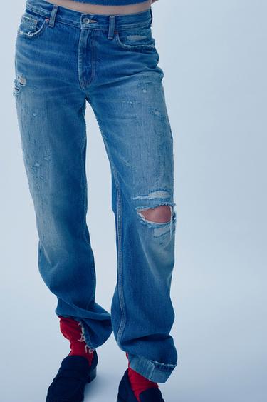 TRF MID-RISE RIPPED STRAIGHT-LEG JEANS - Light blue by Zara