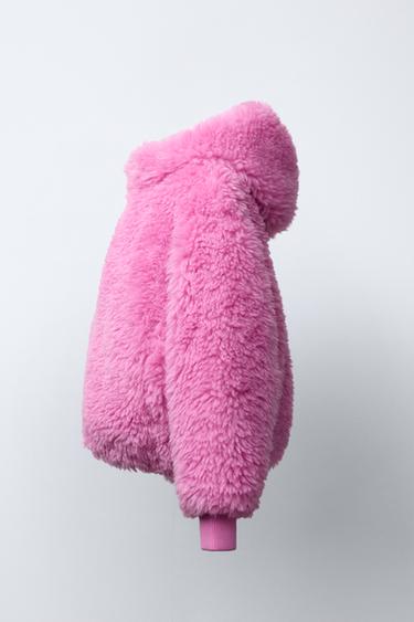 Zara FAUX FUR JACKET WITH HOODIE - Pink