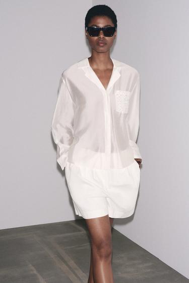 ZW COLLECTION EMBROIDERED POCKET SHIRT - Oyster-white by Zara